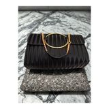 Genel Markalar Zerafet Line Kadın Siyah Pileli Gece Çantası - Altın Halkalı Zincirli Abiye Portföy Clutch