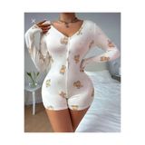 Genel Pamuklu Ayıcık Desenli Düğmeli Uzun Kol Tulum Pijama, L/XL, Ayıcık Desenli Düğmeli Tulum Pijama, Beyaz, Üniseks