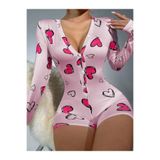 Genel Pamuklu Kalp Desenli Düğmeli Uzun Kol Tulum Pijama, L/XL, Kalp Desenli Düğmeli Uzun Kol Tulum, Pembe, Kadın