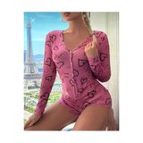 Genel Pamuklu Kalp Desenli Tulum Pijama, S/M, P493116S275, Pembe, Kadın