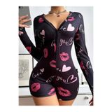 Genel Pamuklu Kırmızı Öpücük ve Kalp Desenli Düğmeli Uzun Kol Tulum Pijama, L/XL, P493111S7889, Siyah, Kadın