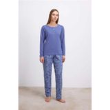 Genel Pamuklu Uzun Kollu Pijama Takımı, XL, P493081S7299, Çivit, kadın