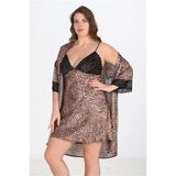 Genel Premium Büyük Beden Saten Dantel Gecelik Sabahlık Takımı, 2XL, P492375S6878, LEOPAR, kadın