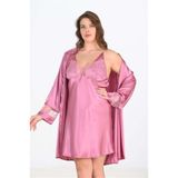 Genel Premium Büyük Beden Saten Dantel Gecelik Sabahlık Takımı, 4XL, MDNY22695, Gül Kurusu, kadın