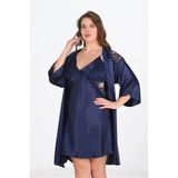Genel Premium Büyük Beden Saten Dantel İşlemeli Gecelik Sabahlık Takımı, 2XL, P492416S9024, LACİVERT, kadın