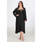 Genel Premium Büyük Beden Saten Dantel İşlemeli Gecelik Sabahlık Takımı, 2XL, P492418S861, Siyah, kadın