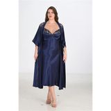 Genel Premium Büyük Beden Saten Dantel İşlemeli Lacivert Uzun 2'li Gecelik Sabahlık Takımı, 2XL, P492421S9793, LACİVERT, kadın