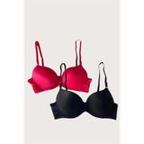 Genel Siyah-Kırmızı 2'li Mikro Kumaş Push Up Dolgulu Balenli Günlük Destekli Sütyen, 85B, P492305S8138, Görsel, Kadın