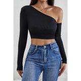 Genel Tek Omuz Detaylı Uzun Kol Crop Top Bluz, S/M, BRNMRTREND-IM-5034, Siyah, Kadın