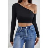 Genel Tek Omuz Detaylı Uzun Kol Crop Top Bluz, S/M, BRNMRTREND-IM-5034, Siyah, Kadın