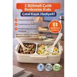 genel tr Krem Benmarili Paslanmaz Çelik Yemek Kabı 2 Bölmeli Beslenme Kabı Saklama Kabı