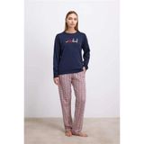 Genel Üniseks%100 Pamuklu Uzun Kol Sweatshirt ve Ekose Pantolon Pijama Takımı, M, P493082S6070, Lacivert, üniseks-yetişkin