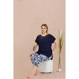 Genel Viskon Dantel İşlemeli Desenli Kısa Kol Kapri Pijama Takımı, 3XL, P493522S6201, Lacivert, kadın