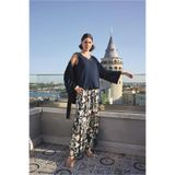 Genel Yaprak Desenli Dantelli Pijama Takımı, L, P493211S7869, LACİVERT, kadın