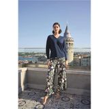 Genel Yaprak Desenli V Yaka Pijama Takımı, S, P493212S6549, LACİVERT, kadın