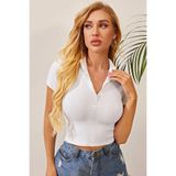 Genel Yarım Fermuarlı ve Kısa Kollu Crop Top Bluz, S/M, BRFİ-IM-5060, BEYAZ, Kadın