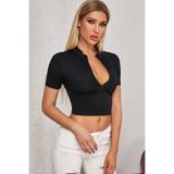 Genel Yarım Fermuarlı ve Kısa Kollu Crop Top Bluz, S/M, BRFİ-IM-5062, Siyah, Kadın