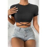 Genel Yarım Kol Çapraz Bağlamalı Crop Top Bluz, S/M, P465473S4697, Siyah, Kadın