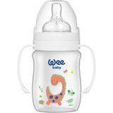Geniş Ağızlı ve Kulplu 150 ml Biberon, Şeffaf, Beyaz Dinozor Tasarım - Ahşap
