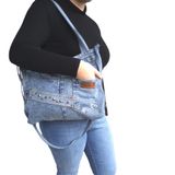 geniş denim omuz ve el çantası