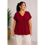 Geniş V Yaka Büyük Beden Rahat Kesim Kısa Kol Bluz - 3XL - Bordo