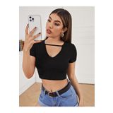 Geniş V Yaka İpli Siyah Renk Fitilli Kısa Kollu Slim Fit Crop Top Bluz