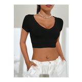 Geniş V Yaka Siyah Renk Fitilli Kısa Kollu Slim Fit Crop Top Bluz