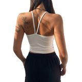 Geniş Yaka Askılı Beyaz Renk Fitilli Crop Top Bluz (Beyaz, S)
