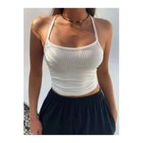 Geniş Yaka Askılı Beyaz Renk Fitilli Crop Top Bluz
