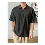 GENIUS STORE Erkek Oversize Fermuarlı Polo Yaka Waffle T-Shirt Polo Yaka Tişört