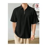 GENIUS STORE Erkek Oversize Polo Yaka Siyah Fermuarlı Waffle T-Shirt