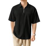 GENIUS STORE Erkek Oversize Polo Yaka Waffle T-Shirt FERMUARLI (SİYAH, S)