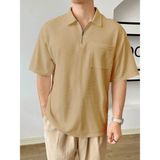 Genius Store Erkek Oversize Polo Yaka Waffle T-Shirt Poloyaka-Fermuarlı - Bej