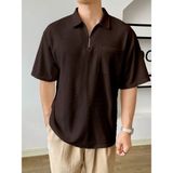 Genius Store Erkek Oversize Polo Yaka Waffle T-Shirt Poloyaka-Fermuarlı - Kahverengi