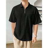 Genius Store Erkek Oversize Polo Yaka Waffle T-Shirt Poloyaka-Fermuarlı - Siyah