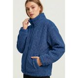 Genius Store Kadın Peluş Tam Fermuarlı Cepli Sherpa Kuzu Kumaş Oversize Peluş Polar Sweatshirt - İndigo
