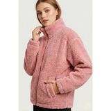 Genius Store Kadın Peluş Tam Fermuarlı Cepli Sherpa Kuzu Kumaş Oversize Peluş Polar Sweatshirt - Pembe