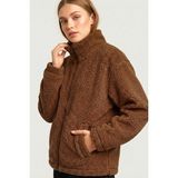Genius Store Kadın Peluş Tam Fermuarlı Cepli Sherpa Kuzu Kumaş Oversize Peluş Polar Sweatshirt - XS - Kahverengi