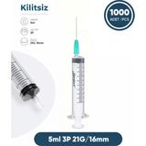 Genject 05 Ml. , 3 Parçalı , 21G (0.82MM.), 16MM, Açık Yeşil Iğneli Şırınga, Enjektör 1000 Ad./pkt.