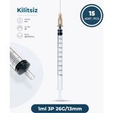 Genject 1 ml 3 Parçalı , 26G (0.33MM) 13MM,KAHVERENGI Iğneli Enjektör, Şırınga 15 Ad./pkt.