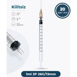 Genject 1 ml 3 Parçalı , 26G (0.33MM) 13MM,KAHVERENGI Iğneli Enjektör, Şırınga 20 Ad./pkt.
