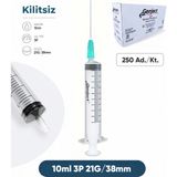 Genject 10 Ml. , 3 Parçalı , 21G (0.82MM.), 38MM, Açık Yeşil Iğneli Şırınga, Enjektör 250 Ad./pkt.
