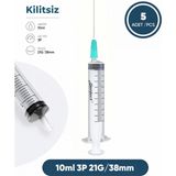 Genject 10 Ml. , 3 Parçalı , 21G (0.82MM.), 38MM, Açık Yeşil Iğneli Şırınga, Enjektör 5 Ad./pkt.