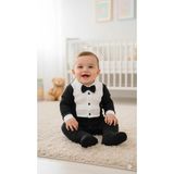 Geny Baby Erkek Bebek Siyah Smokin Tulum - Papyonlu Özel Gün Kıyafeti (0-12 Ay) - 6 - 9 Ay