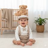 GENYBABY Erkek Bebek Salopet Takımı 3 Parça – Papyonlu Gömlek, Kadife Salopet Pantolon ve Şapka – Şık Bebek - 3 - 6 Ay - Bej