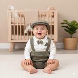 GENYBABY Erkek Bebek Salopet Takımı 3 Parça – Papyonlu Gömlek, Kadife Salopet Pantolon ve Şapka – Şık Bebek - 3 - 6 Ay - Yeşil