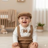 GENYBABY Erkek Bebek Salopet Takımı 3 Parça – Papyonlu Gömlek, Kadife Salopet Pantolon ve Şapka – Şık Bebek - 6 - 9 Ay - Kahverengi