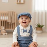 GENYBABY Erkek Bebek Salopet Takımı 3 Parça – Papyonlu Gömlek, Kadife Salopet Pantolon ve Şapka – Şık Bebek - 9 - 12 Ay - Mavi