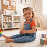 GENYBABY Kız Bebek Kot Salopet Takım Çiçek Nakışlı Askılı Tulum ve Tişört 2’li Kombin - 18 - 24 Ay - Nar Çiçeği