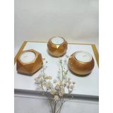 Geometrik Desenli Antiquity Gold 3'Lü Mumluk Set, Dekoratif Masa Sehpa Üstü Aksesuar